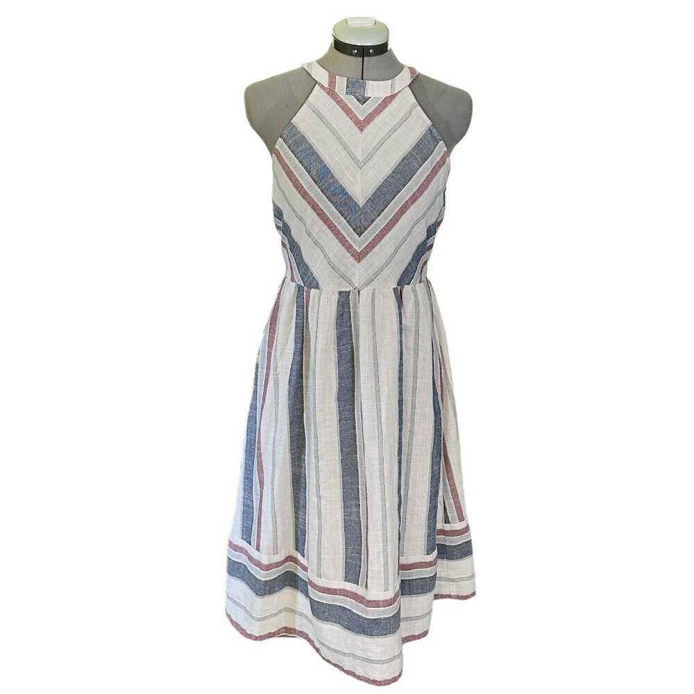 Blu Pepper 100% Cotton Dress Halter Style Midi Lined M Stripes Chevron‎